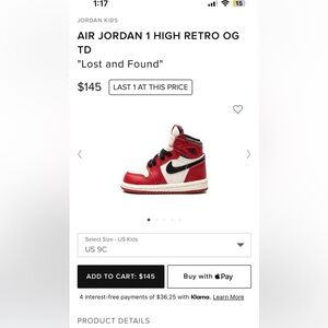 BRAND NEW CHILD JORDANS!! Never worn!! JORDAN 1 RETRO HIGH OG!! Size 9C!